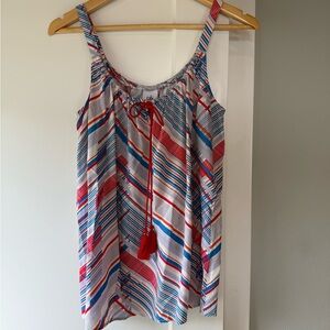 cabi Red, Blue & White Striped Tassel Tie-Neck Tank